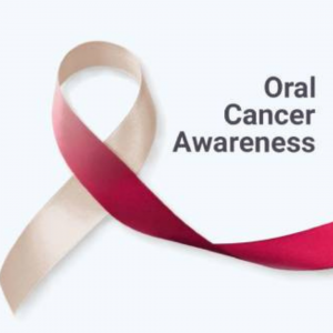 oral cancer awareness text with red and white ribbon for oral cancer