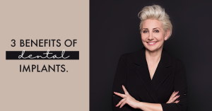3 Benefits of Dental Implants title woman in black v-neck top with arms crossed