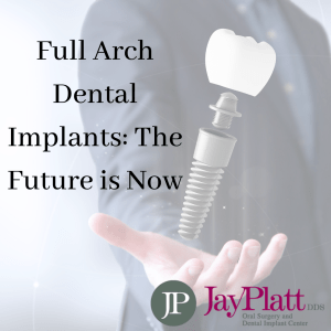 Full arch dental implants: the future is now text over an image of a man with his hand out and dental implant hovering above it