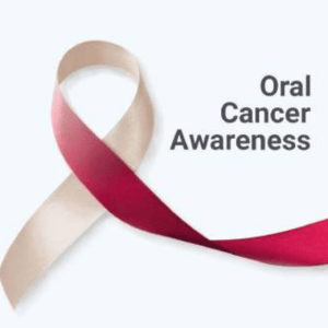 oral cancer awareness text with red and white ribbon for oral cancer