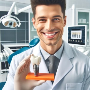 AI-Generated image of a dentist holding a dental implant model