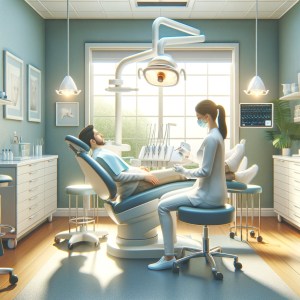 a peaceful dental office scene where a patient is lying comfortably in a modern dental chair fully relaxed under sedation