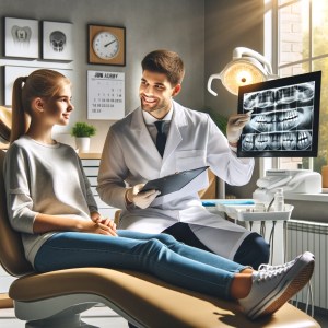 dentist showing a female patient x-rays of her wisdom teeth