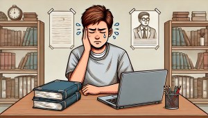 A student holding his face in pain in need of wisdom tooth removal attempts to study at his desk
