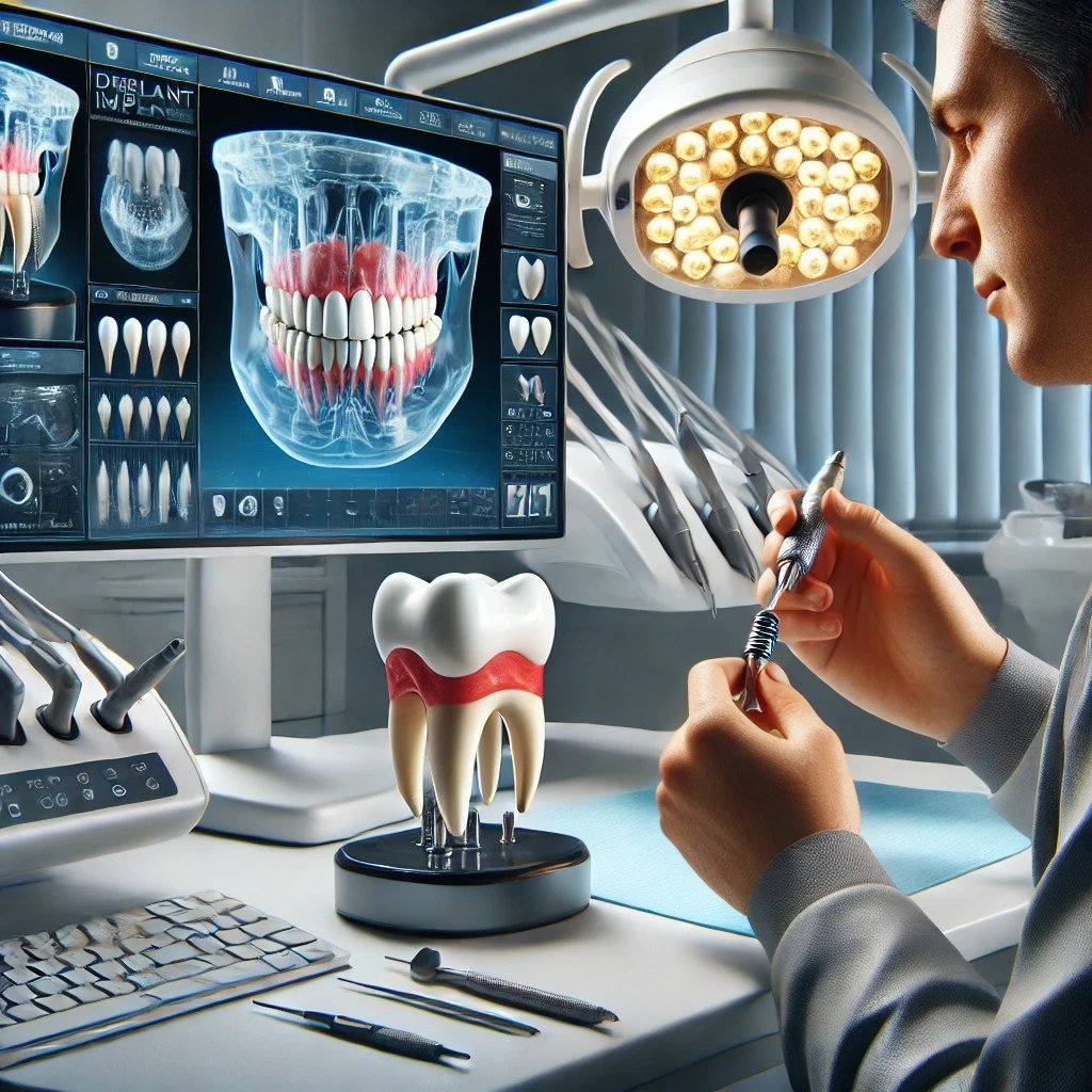 Dental professional looking at a computer screen with advancements of dental implants in 2024