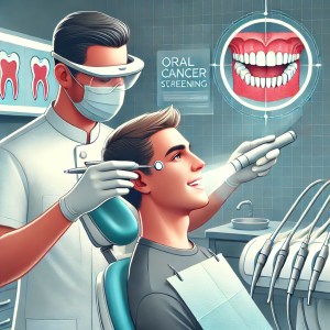oral surgeon performing an oral cancer screening on a patient-digital representation