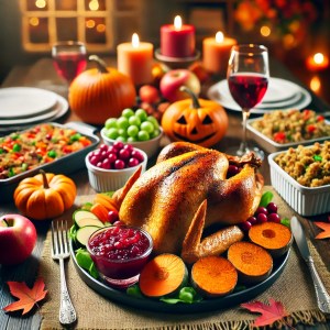 A thanksgiving feast on the table including a turkey, yams, pumpkins, wine all lit by candlelight