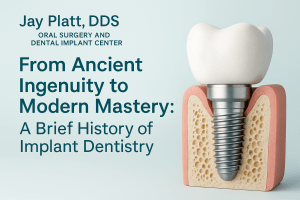 Title image for Dental history blog featuring title and dental implant graphic representation on a light blue/background