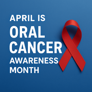 Oral Cancer Awareness month cover photo with a red ribbon and blue background