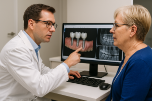 an oral surgeon discussing digital workflow with a patient for an upcoming case