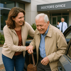 Woman picking up her father from a doctors appointment