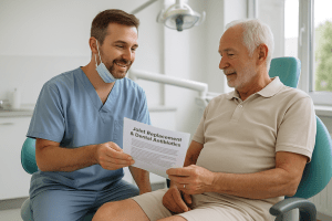 Oral surgeon talking with a patient about dental antibiotics and joint replacements