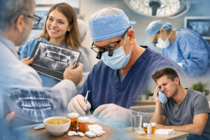 a collage of photos overlapped from the oral surgery process, from the consultation to the procedure and icing after during recovery.