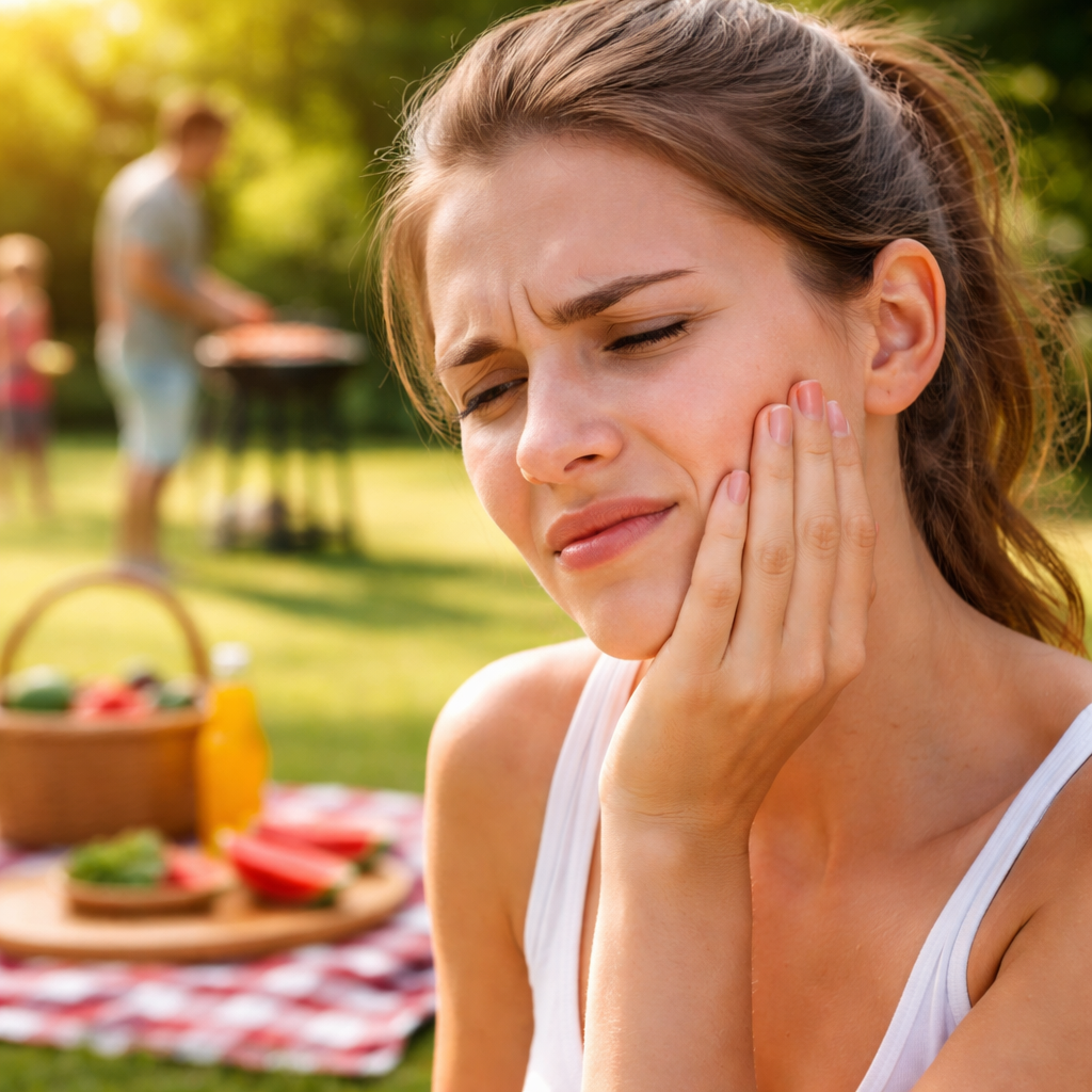 Woman at a summer picnic with tooth pain
