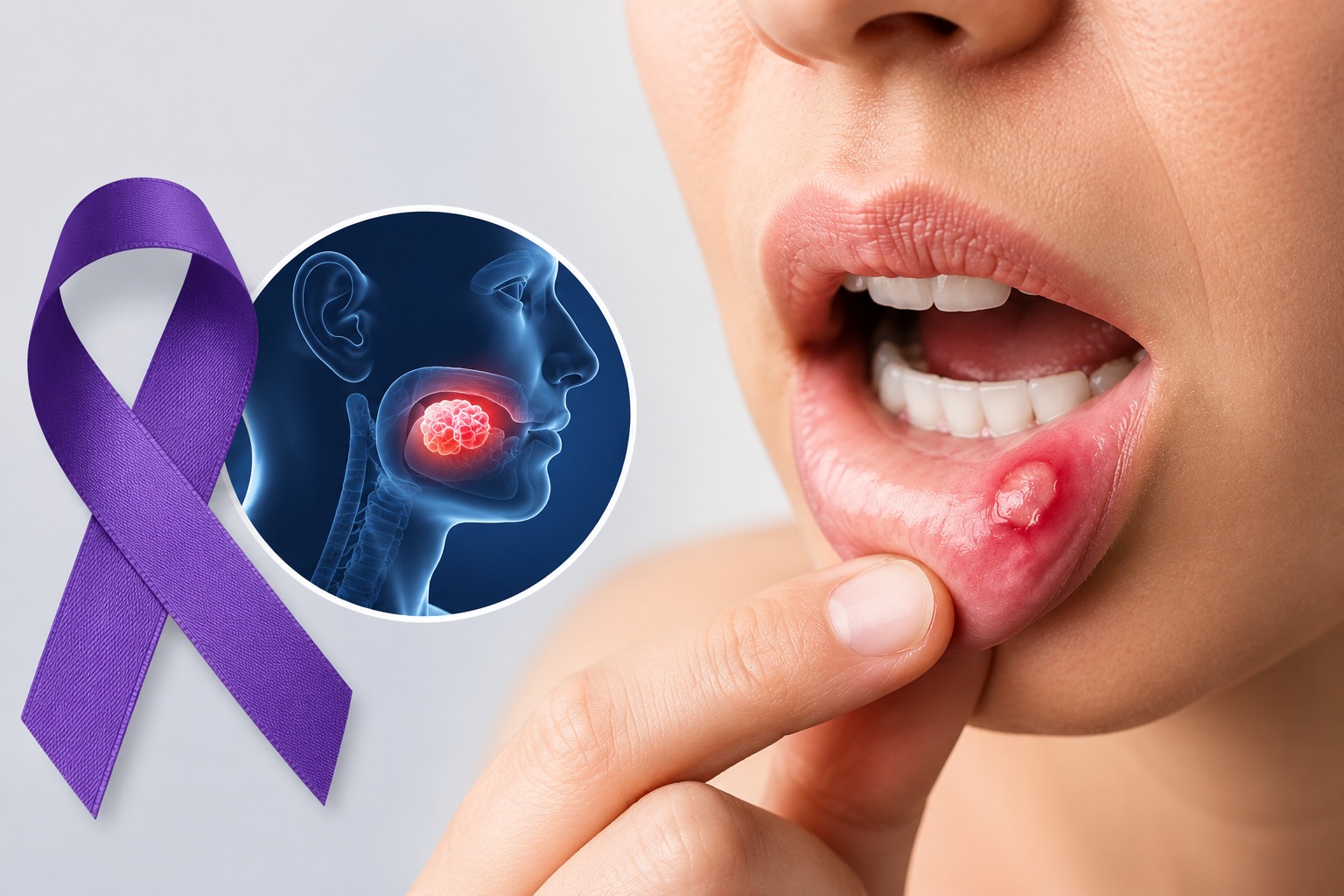 an individual pulling down the lower lip to reveal a sore in the mouth with a purple ribbon for oral cancer awareness