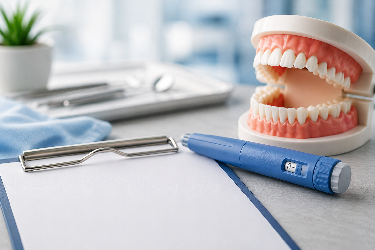 GLP one injection in front of a model of teeth on a dentists desk
