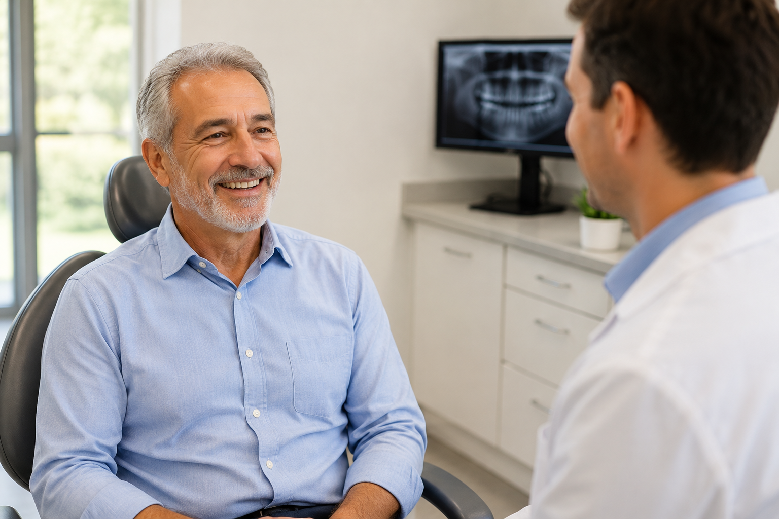 Older gentleman discussing dental implants with oral surgeon