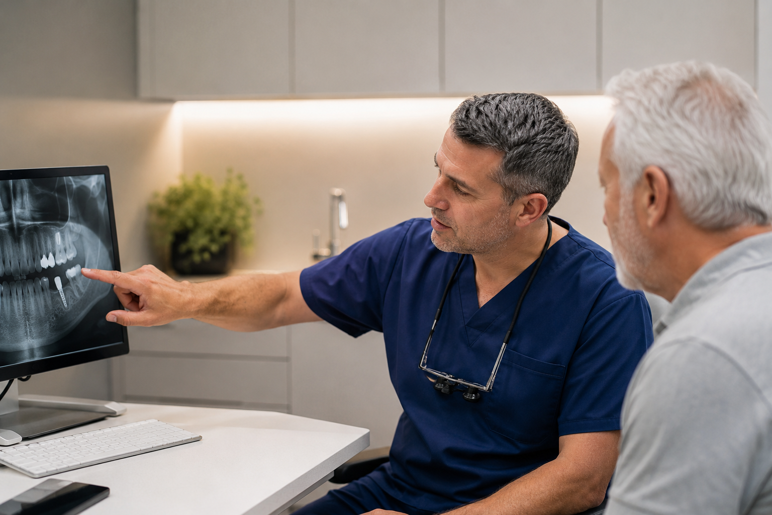 Oral surgeon discussing dental xrays with a patient consulting on dental implants