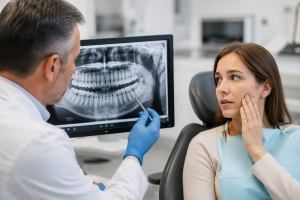 Oral Surgeon explaining wisdom tooth extraction to a patient