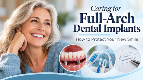 woman smiling after having full arch dental implants as part of a full arch title graphic